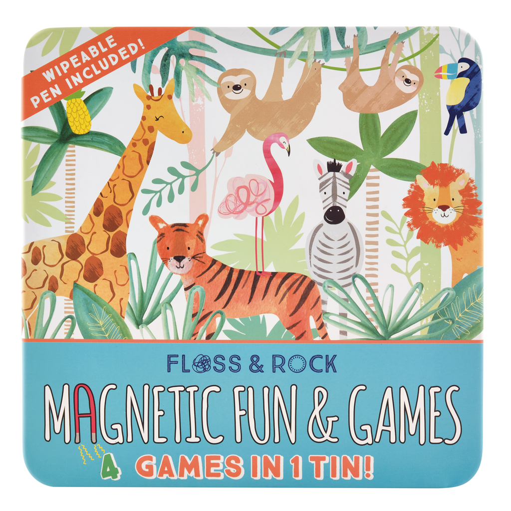 Jocuri magnetice in cutie metalica, 4 in 1, Fun & Games Jungle, 3 ani+, Floss & Rock