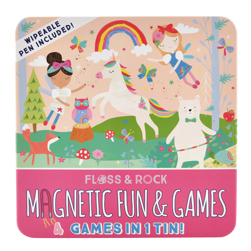 Jocuri magnetice in cutie metalica, 4 in 1, Fun & Games Rainbow Fairy, 3 ani+, Floss & Rock