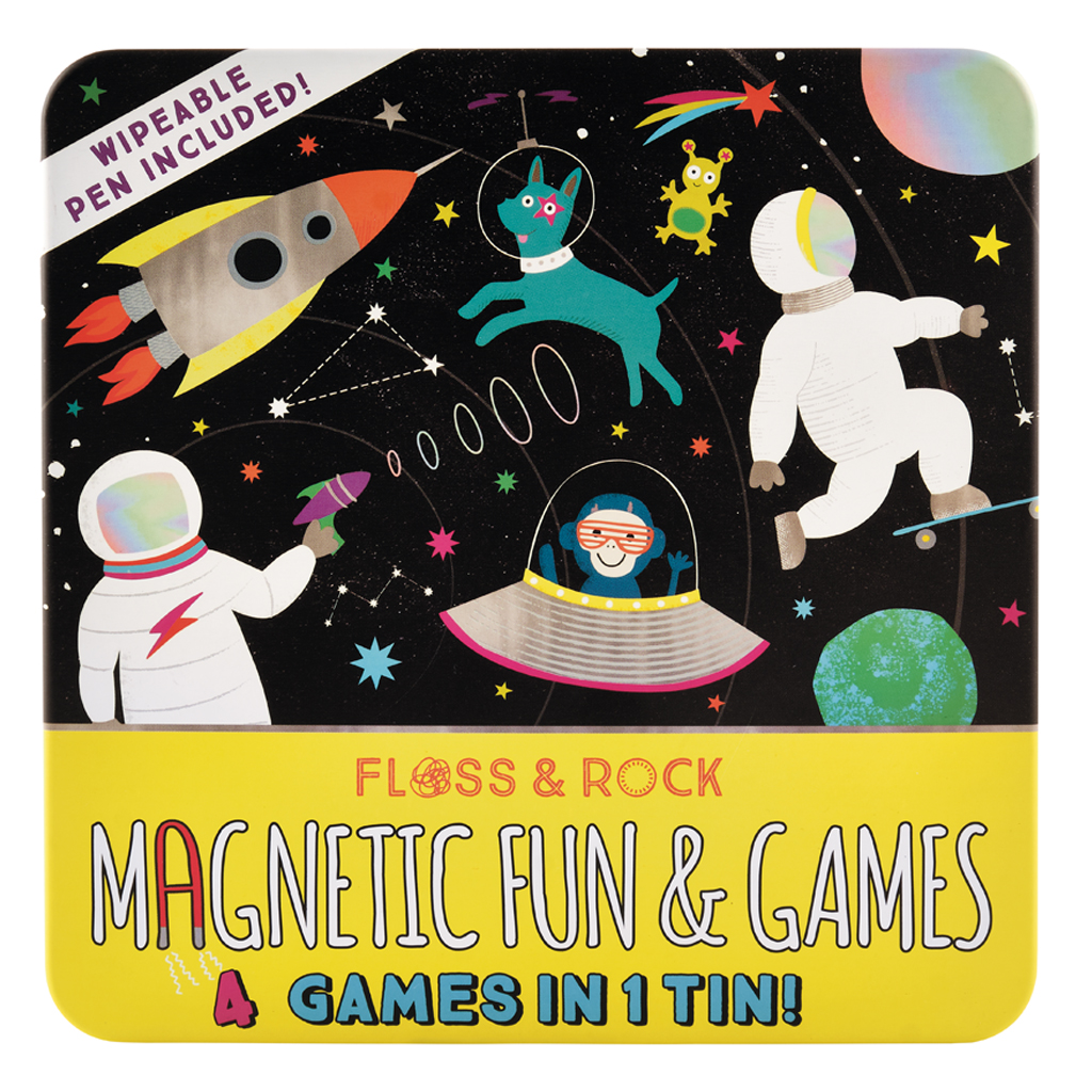 Jocuri magnetice in cutie metalica, 4 in 1, Fun & Games Space, 3 ani+, Floss & Rock