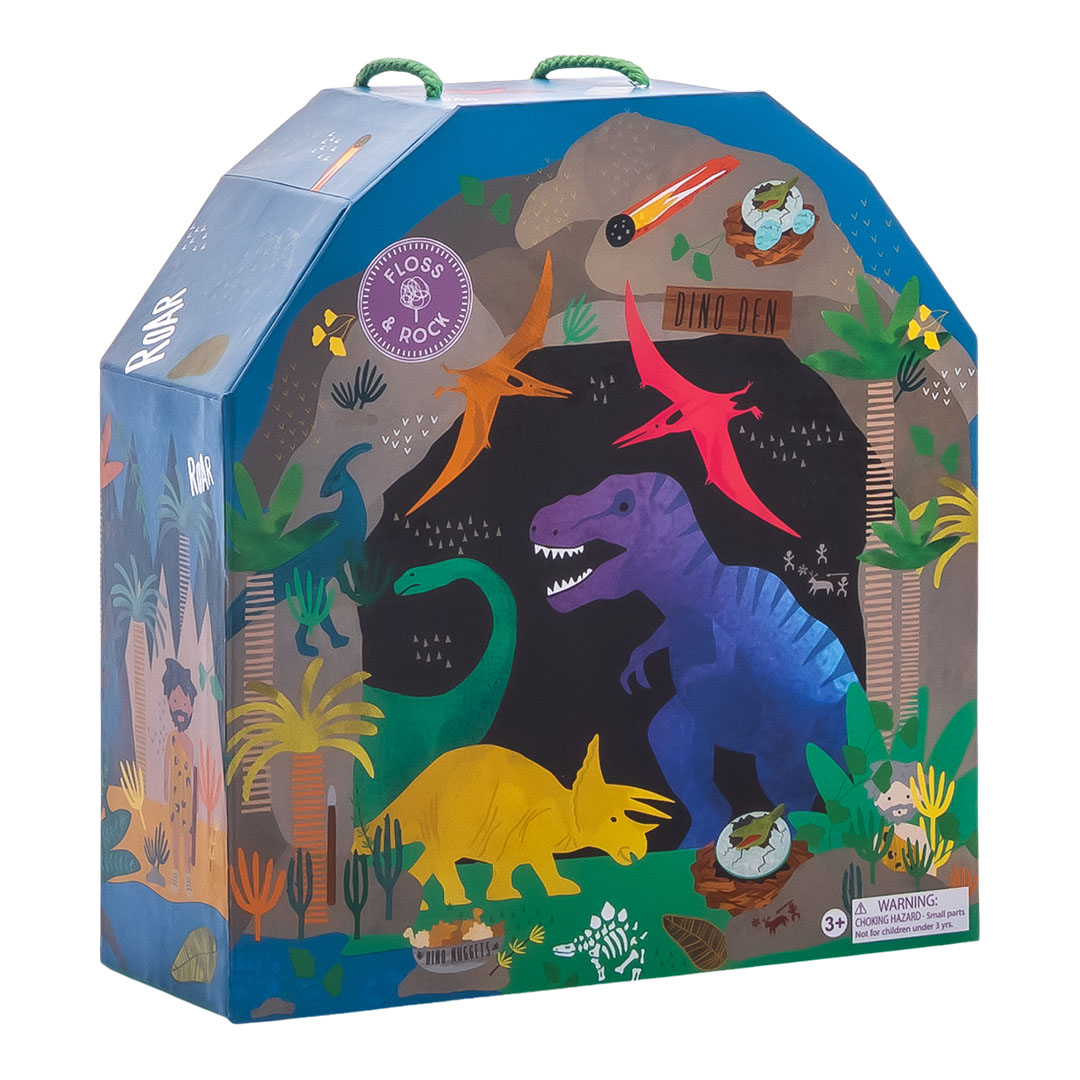 Cutie portabila cu figurine din lemn, Playbox Dino, 3 ani+, Floss & Rock