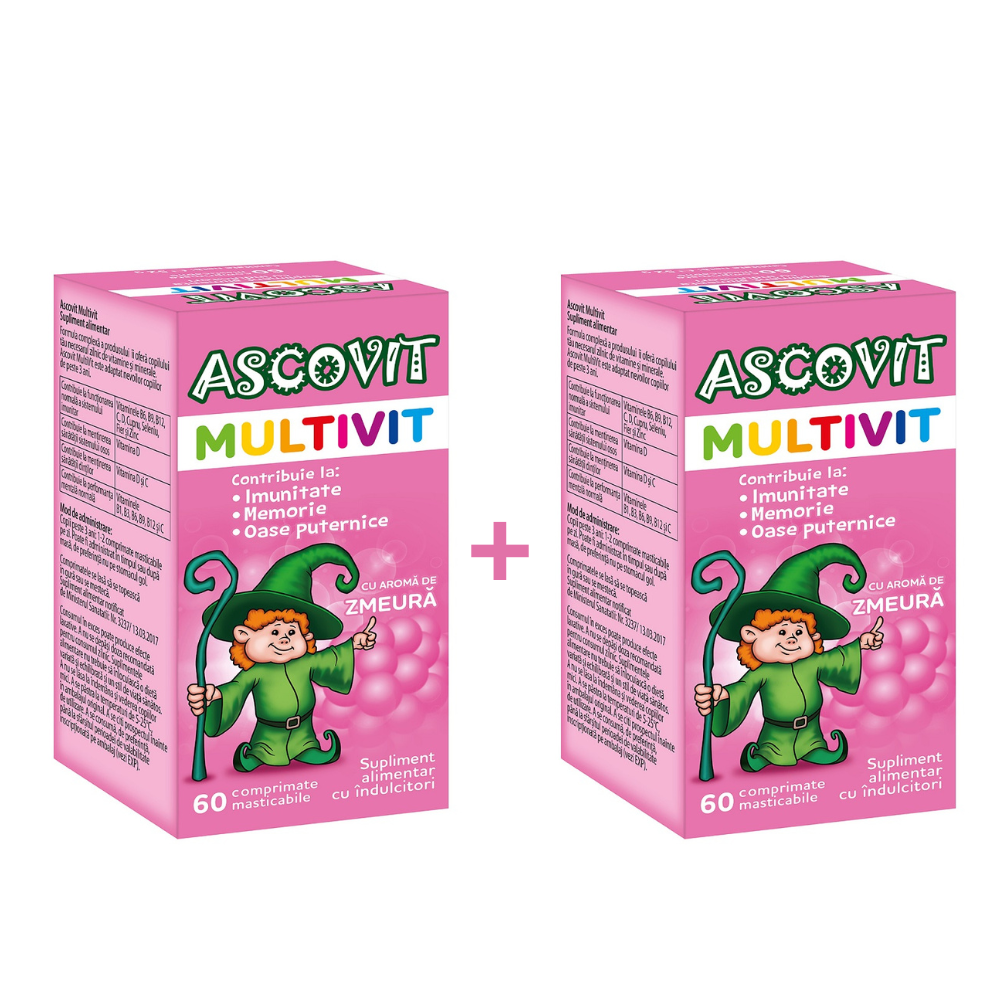 Pachet Ascovit Multivit cu aroma de zmeura, 60 + 60 comprimate, Ascovit