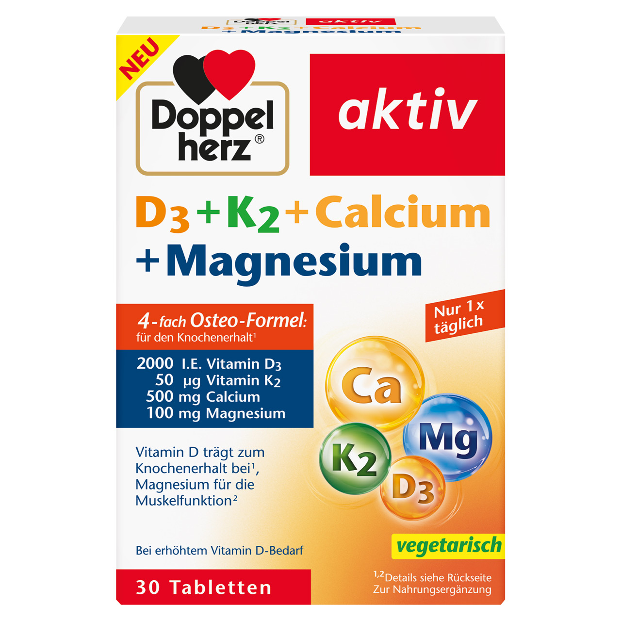 D3 + K2 + Calciu + Magneziu Aktiv, 30 tablete, Doppelherz