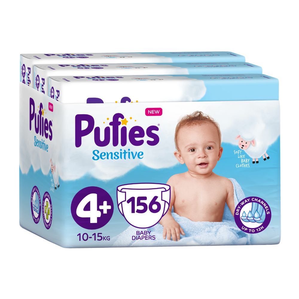 Scutece Maxi Trio Pack Sensitive, Nr. 4+, 10-15 kg, 156 buc, Pufies