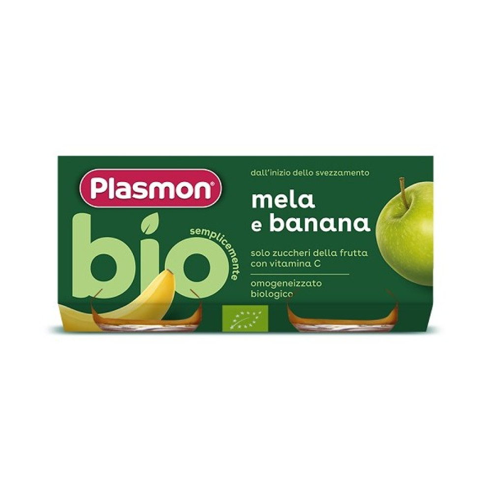 Piure Bio de banane si mere, + 6 luni, 2 x 80 g, Plasmon