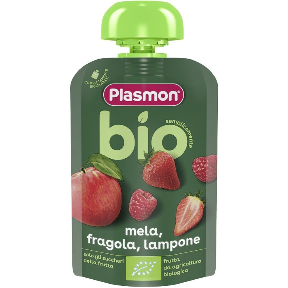 Piure Bio din capsune, zmeura si mere, + 6 luni, 100 g, Plasmon