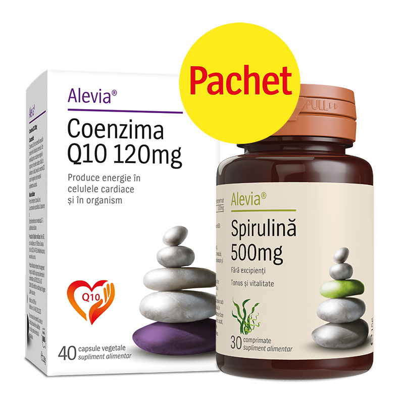 Pachet Coenzima Q10 120 mg 40 capsule + Spirulina 500 mg 30 comprimate, Alevia