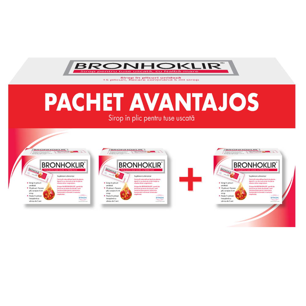 Pachet Bronhoklir sirop tuse uscata, 2+1 bucati, 3x15 plicuri, Stada