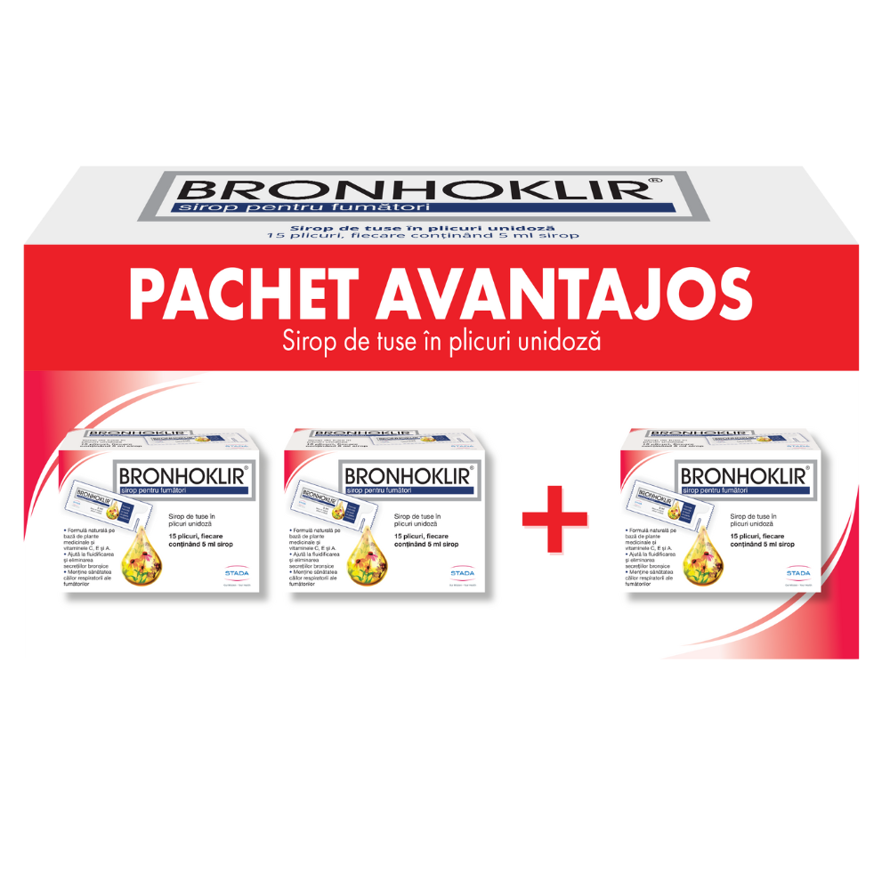 Pachet Bronhoklir sirop pentru fumatori, 2+1 bucati, 15x5 ml, Stada