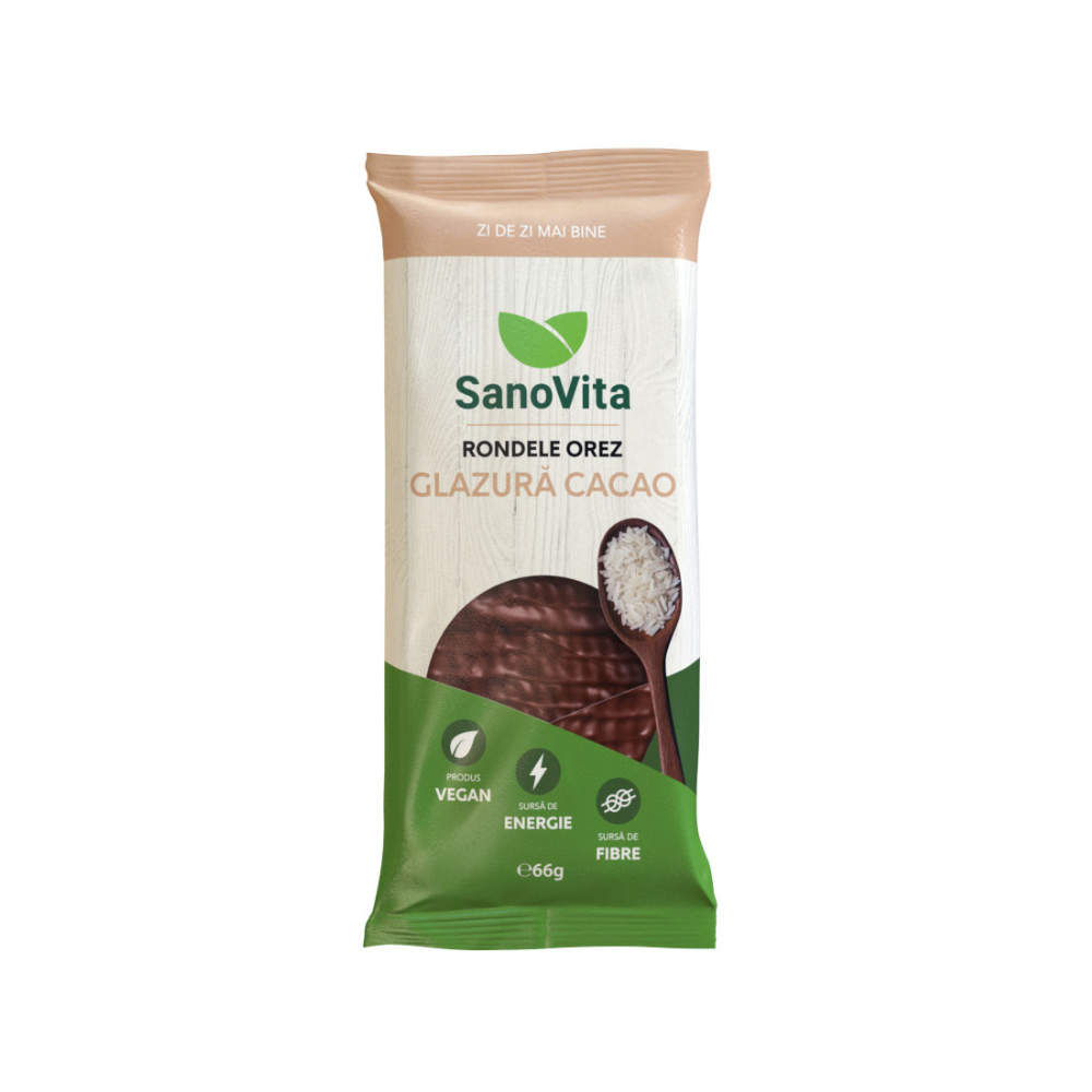 Rondele din orez expandat cu glazura de cacao, 66 g, Sanovita