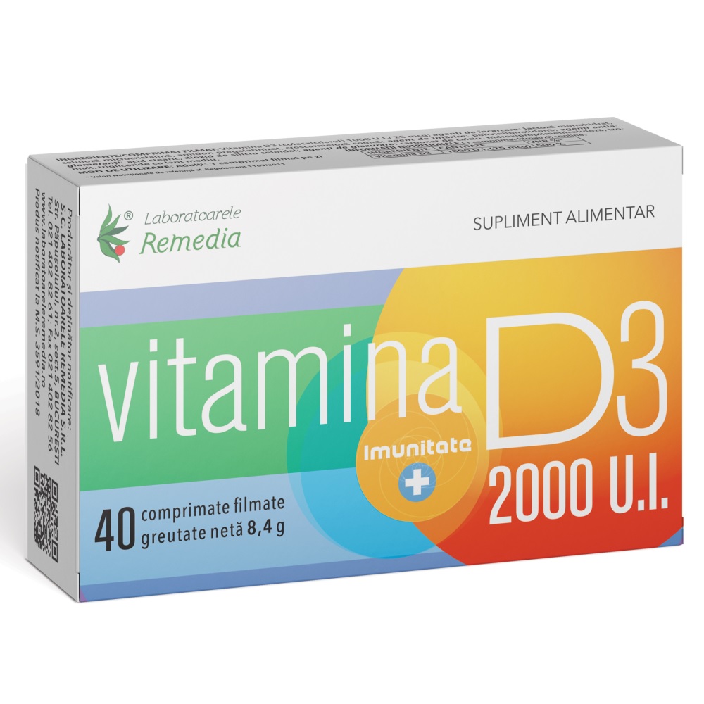 Vitamina D3, 2000UI, 40 comprimate, Remedia