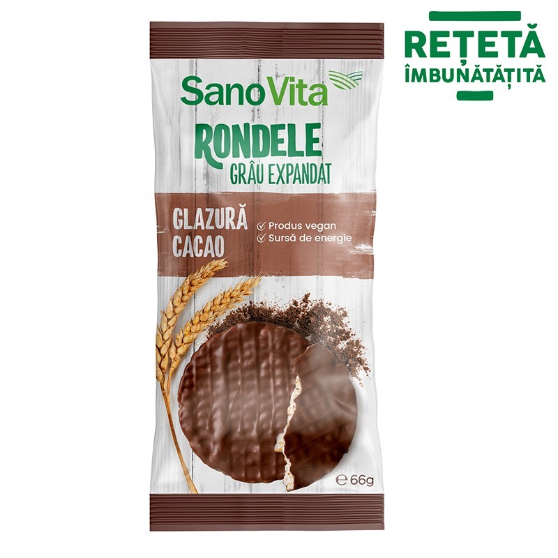 Rondele din grau expandat cu glazura de cacao, 66 gr, Sanovita