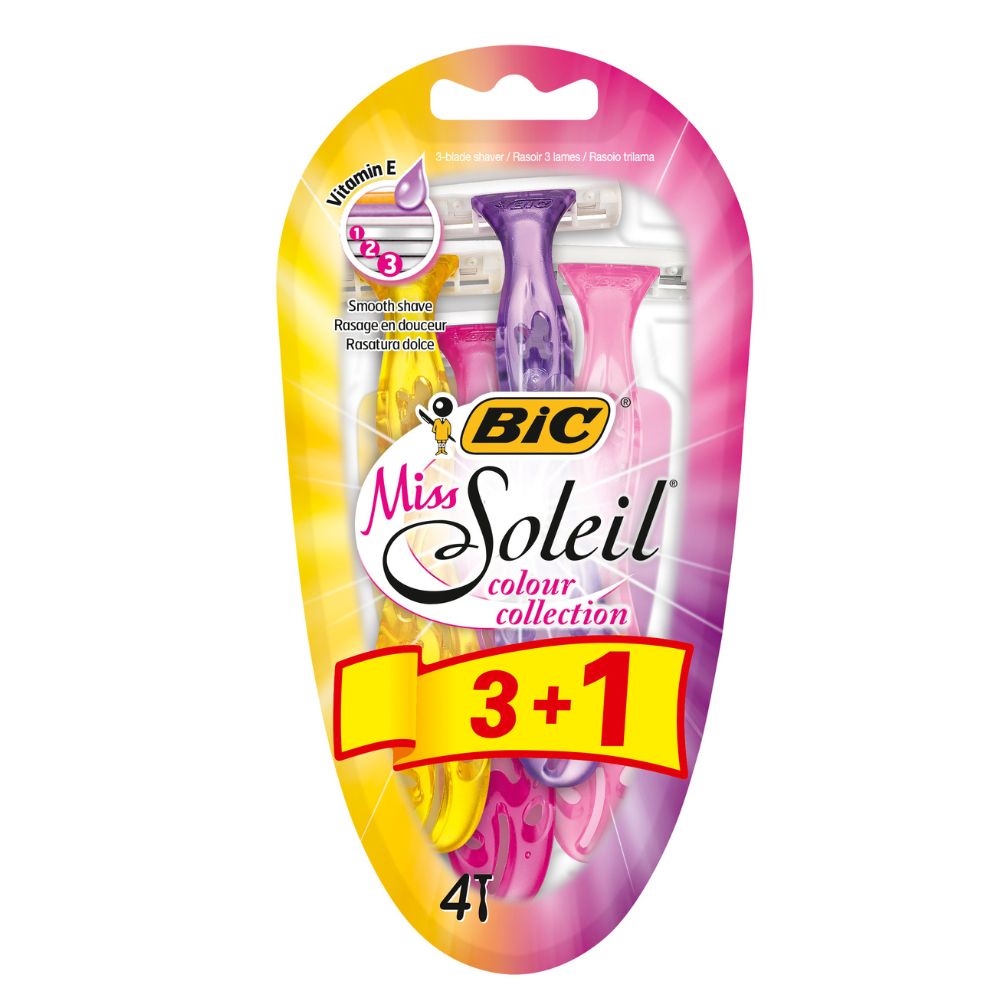 Aparat de ras pentru femei, cu 3 lame Miss Soleil Collor Colletion, 4 buc, Bic