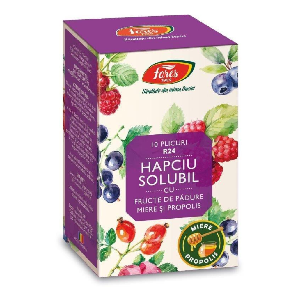 Hapciu solubil cu fructe de padure, miere si propolis, 10 plicuri, Fares