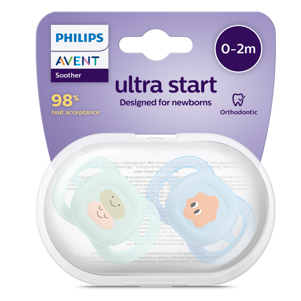 Suzete Ultra Strat Philips Avent, 0-2 luni, 2 bucati, Albastru/Verde, Smile, SCF075/04, Philips