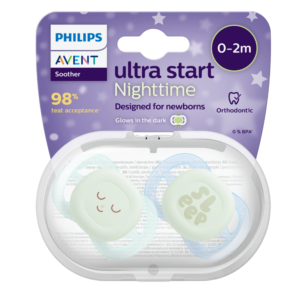 Suzete Ultra Strat de noapte Philips Avent, 0-2 luni, 2 bucati, Albastru/Verde, SCF075/08, Philips