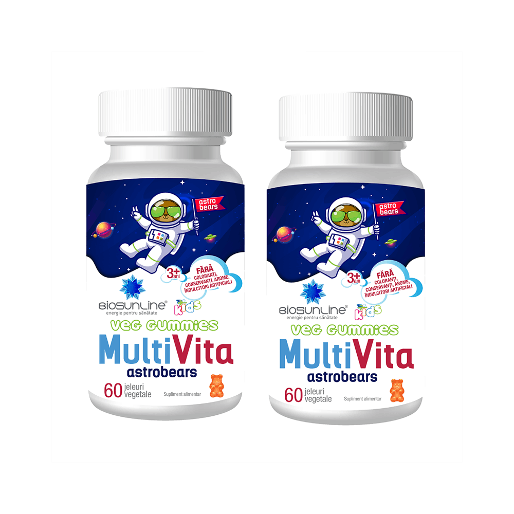 Pachet Ursuleti cu aroma de capsuni Multi Vita Astrobears, 2 x 60 jeleuri, Biosunline