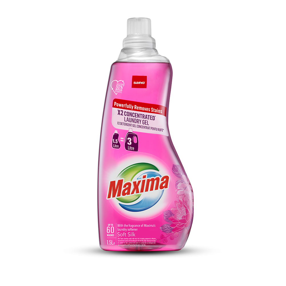 Detergent gel concentrat pentru rufe Maxima, 1.5 litri, 60 spalari, Soft Silk, Sano