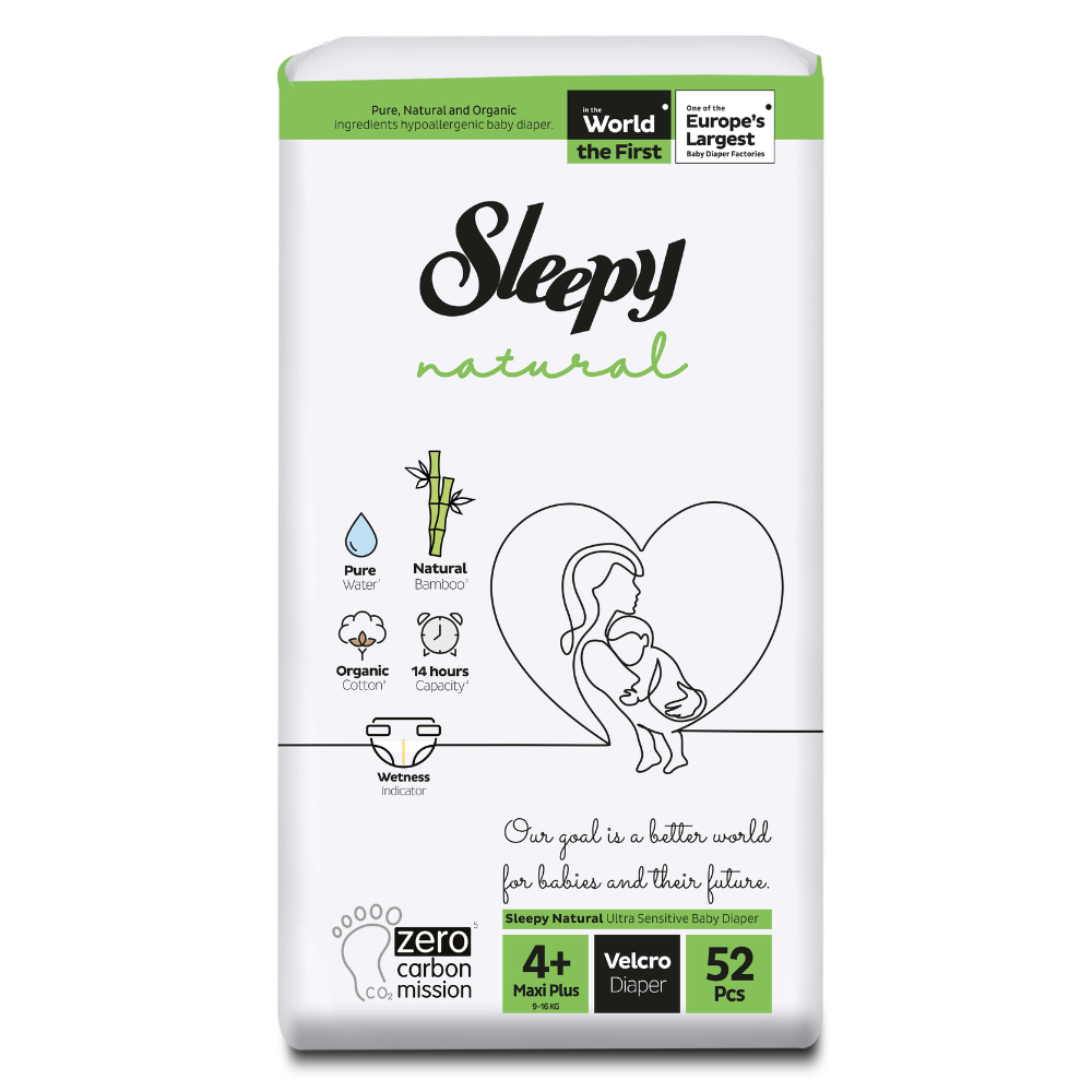 Scutece pentru bebelusi Natural, Nr 4+ Maxi Plus, 9-16 kg, 52 bucati, Sleepy