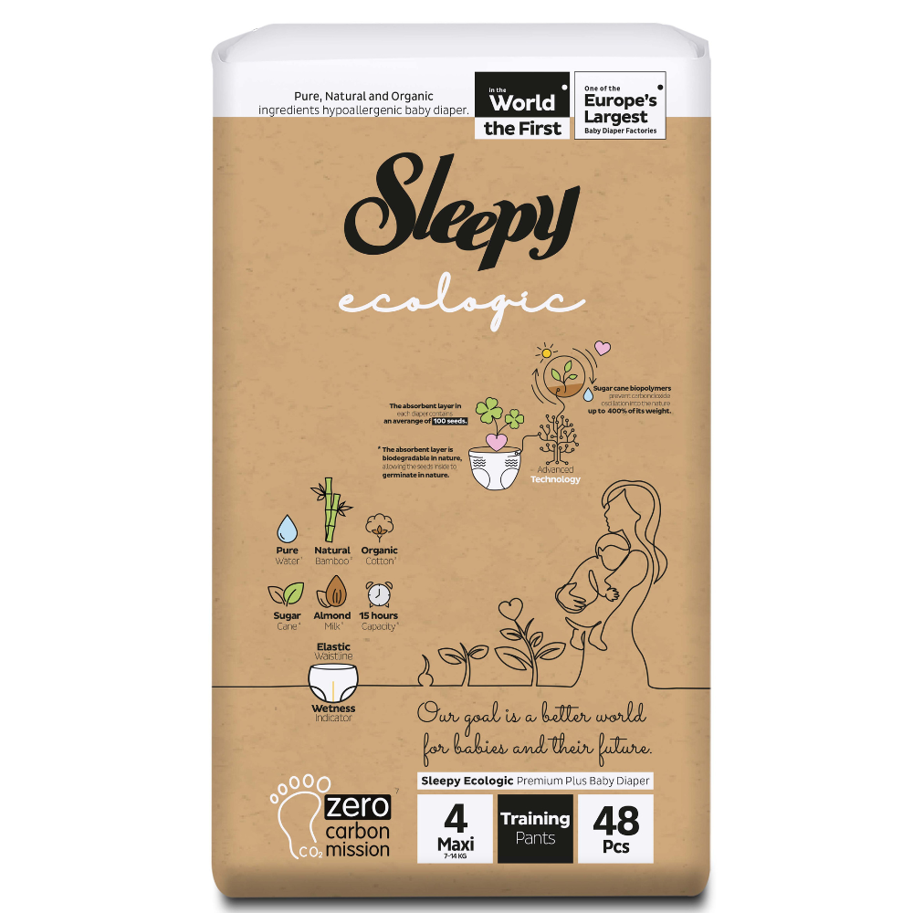 Scutece chilotel pentru bebelusi Ecologic, Nr 4 Maxi, 7-14 kg, 48 bucati, Sleepy