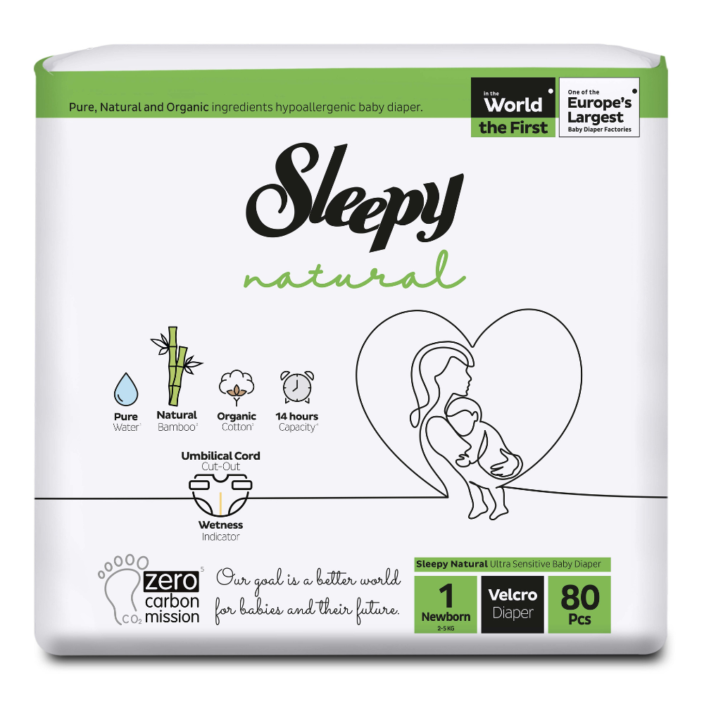 Scutece pentru bebelusi Natural, Nr 1 New Born, 2-5 kg, 80 bucati, Sleepy