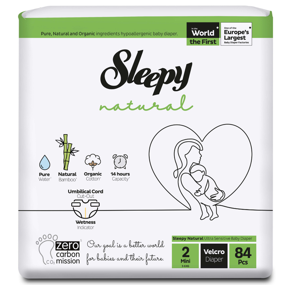 Scutece pentru bebelusi Natural, Nr 2 Mini, 3-6 kg, 84 bucati, Sleepy