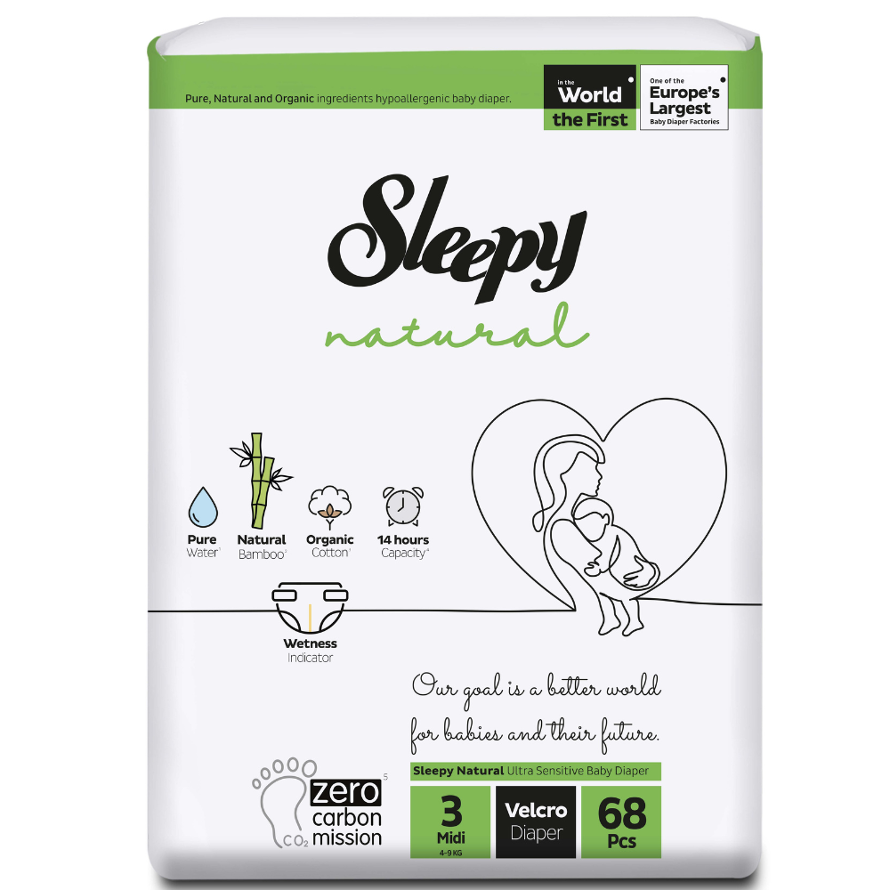 Scutece pentru bebelusi Natural, Nr 3 midi, 4-9 kg, 68 bucati, Sleepy