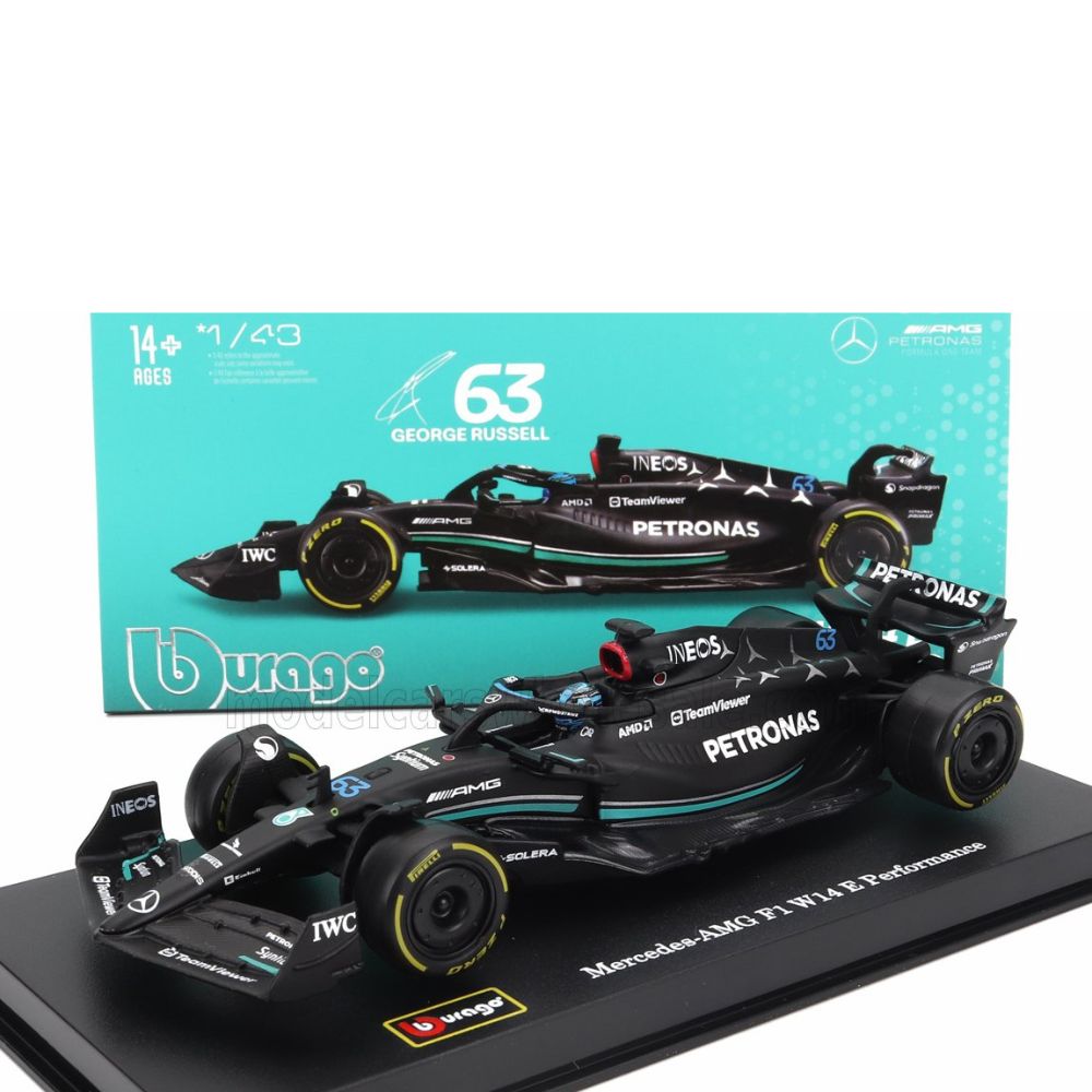 Macheta masinuta Mercedes-AMG F1 W14 E Performance cu casca George Russell, +14 ani, 1:43, Bburago