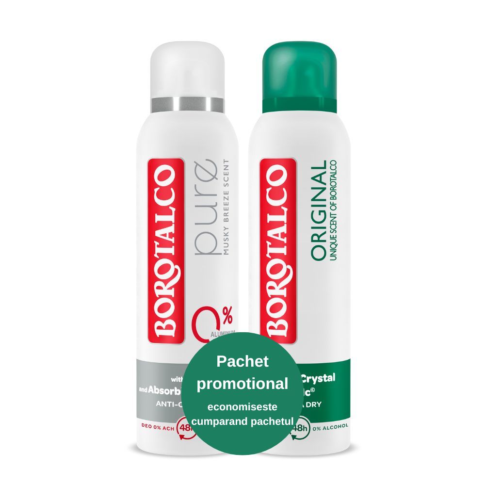 Pachet Deodorant spray Original + Deodorant spray Pure, 150 + 150 ml, Borotalco