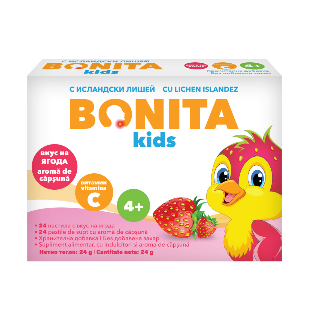 Pastile de supt cu aroma de capsuni Kids, 24 bucati, Bonita