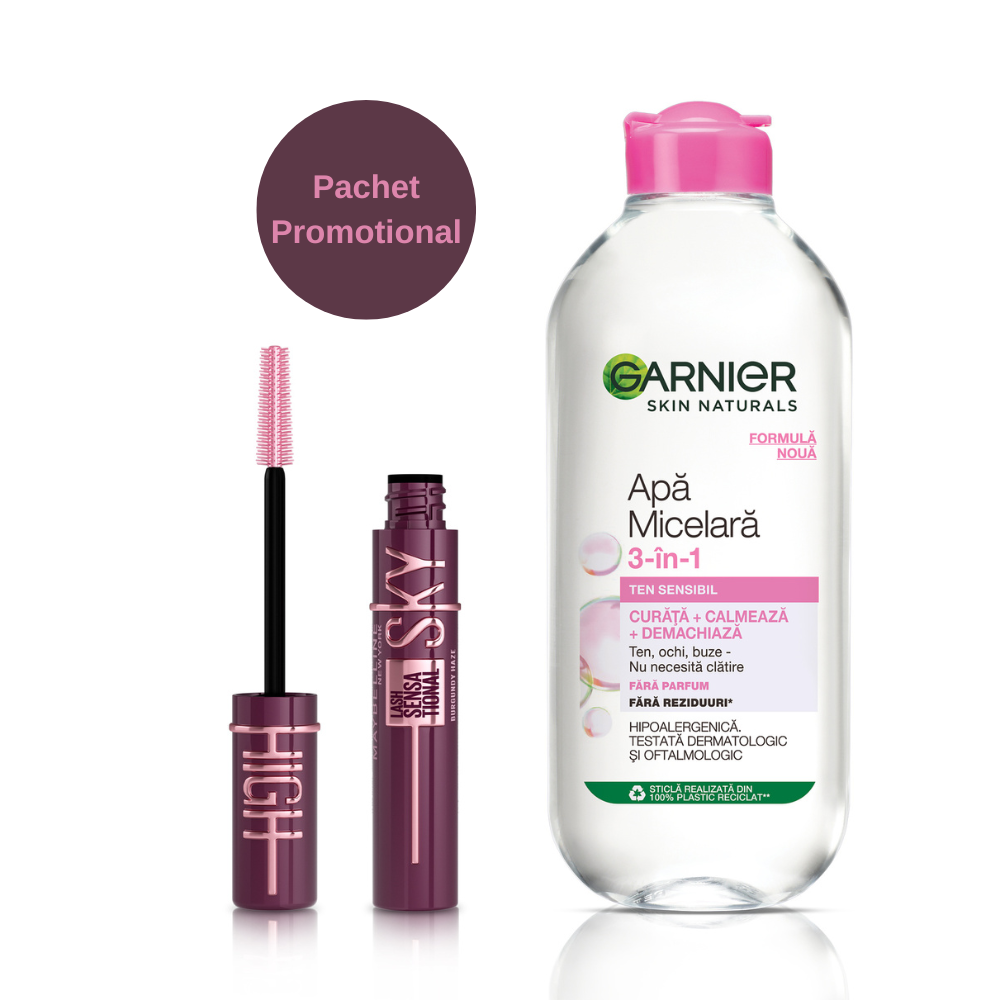 Pachet Apa Micelara Garnier Skin Naturals +  Mascara Maybelline New York Lash Sensational Sky High, Burgundy Haze, 400 ml + 7.2 ml, loreal