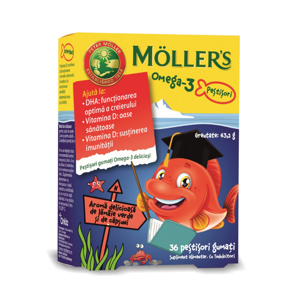 Pestisori gumati cu Omega 3 si aroma de lamaie verde si capsuni, 36 jeleuri, Moller's