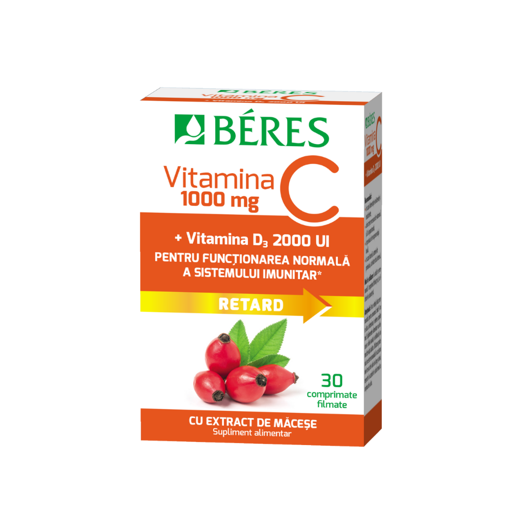 Vitamina C 1000 mg comprimat filmat Retard + Vitamina D3 2000 UI, 30 comprimate filmate, Beres