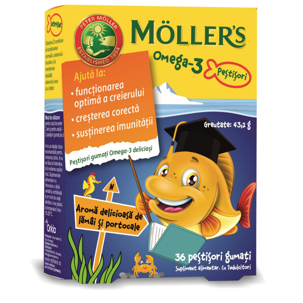Pestisori gumati cu Omega 3 si aroma de lamai si portocale, 36 jeleuri, Moller's