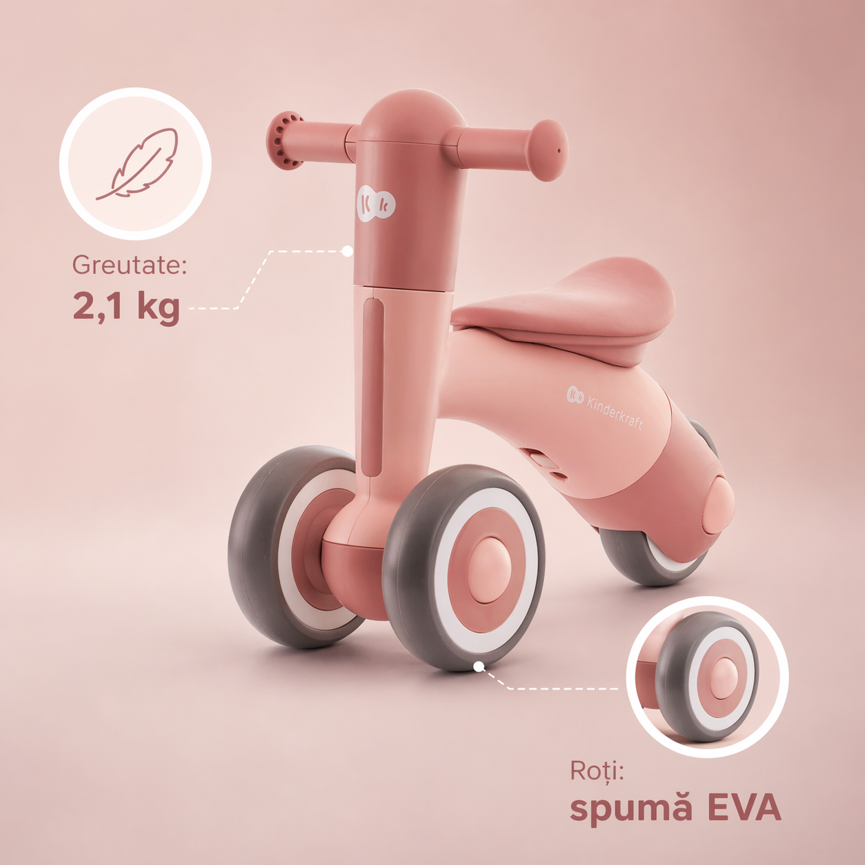 Detaliu bicicleta fara pedale Minibi roz Kinderkraft, cu sa reglabila si roti EVA
