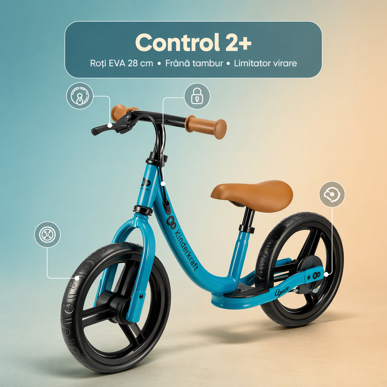 Bicicletă fără pedale Kinderkraft Space, albastru închis, cu roți EVA de 28 cm și frână de mână