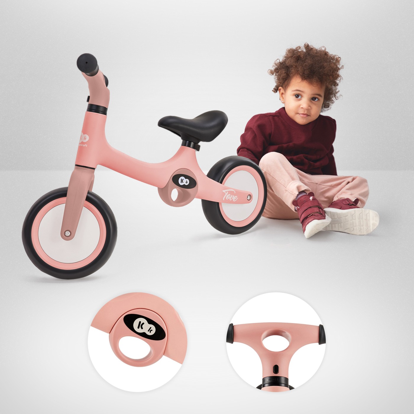 Detaliu bicicleta fara pedale Tove roz Kinderkraft, pliabila si usoara