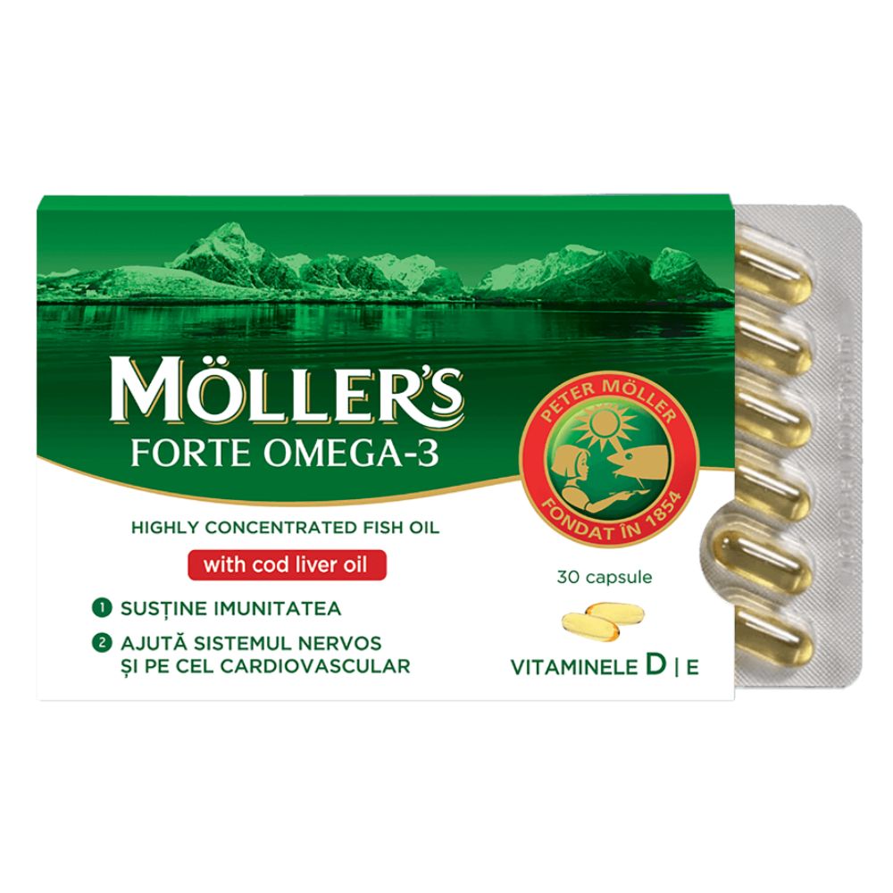 Omega 3 Forte cu uleiul de ficat de cod, 30 capsule, Moller's