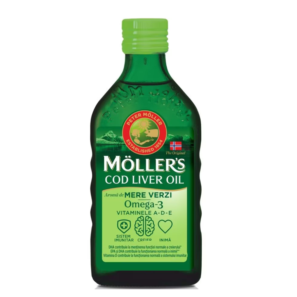 Ulei din ficat de cod cu aroma de mere verzi, 250 ml, Moller's