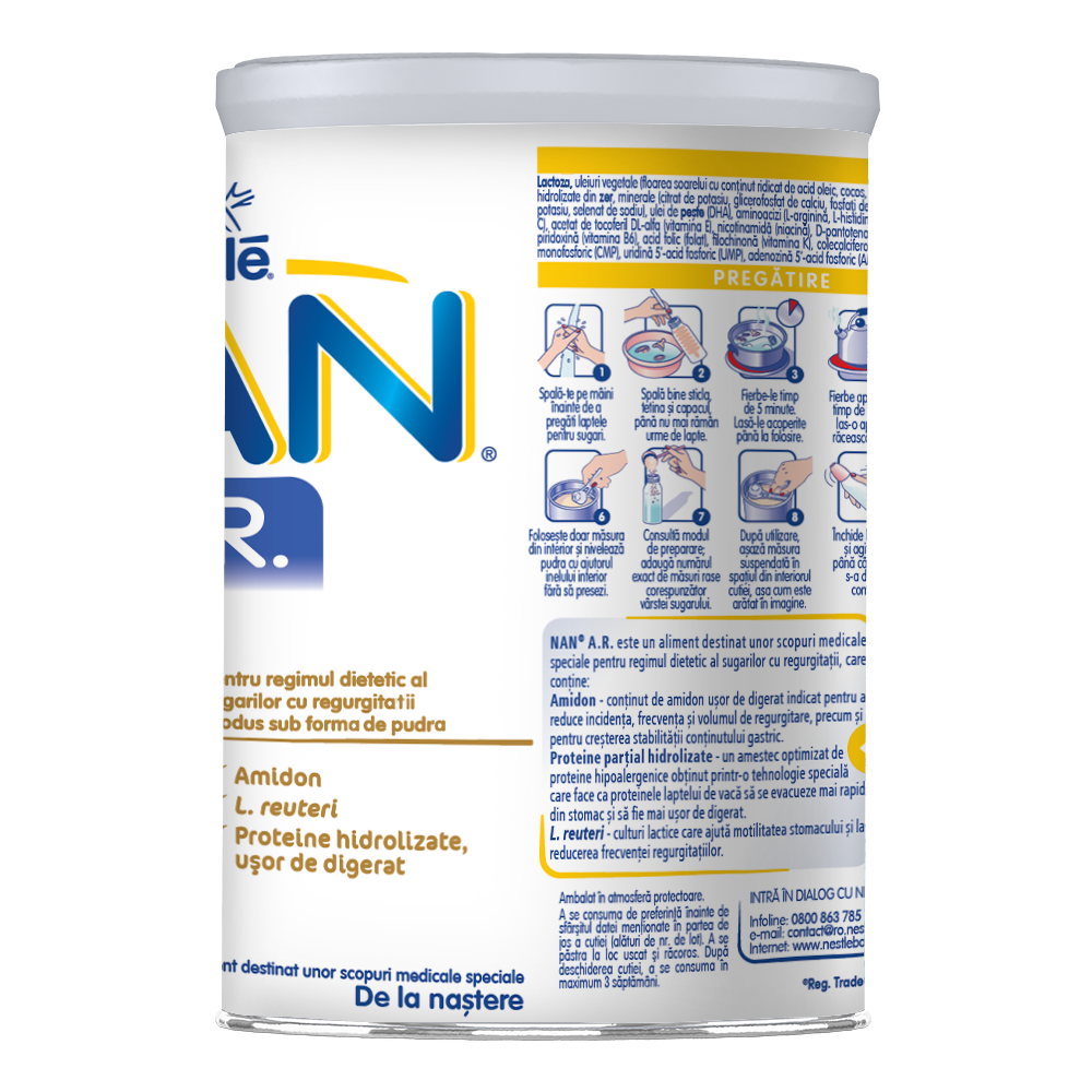 Formula speciala de lapte praf pentru regim dietetic Nan AR, +0 luni, 400 g, Nestle 534783