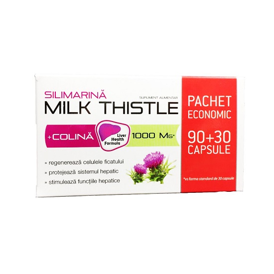 Silimarina si Colina Milk Thistle 1000 mg, 90 + 30 capsule, Zdrovit