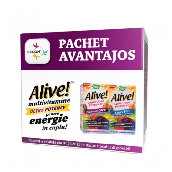 Pachet Alive Once Daily Women 50+ Ultra, 30 tablete + Alive Once Daily Mens 50+ Ultra, 30 tablete, Natures Way