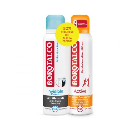 Pachet deodorant Spray Invisible Fresh 150ml + Spray Active Mandarin & Neroli 150ml -50%, Borotalco