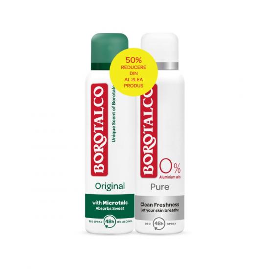 Pachet deodorant Spray Original 150ml + Spray Pure Clean 150ml -50%, Borotalco