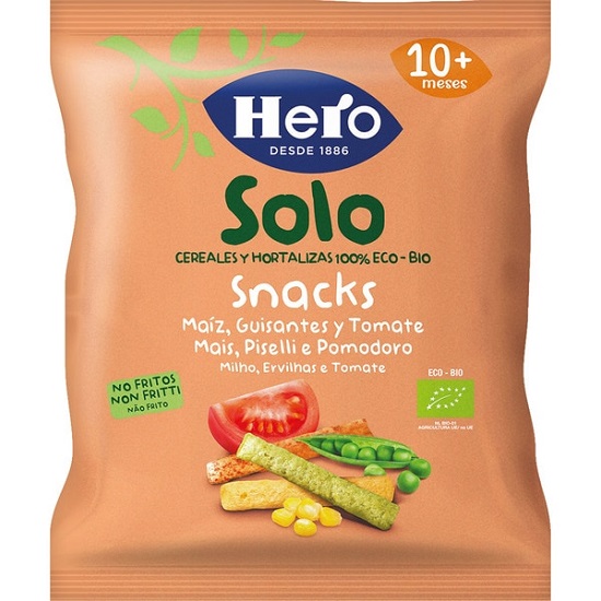 Snack Bio din porumb cu mazare si rosii Solo, +10 luni, 15 gr, Hero Baby