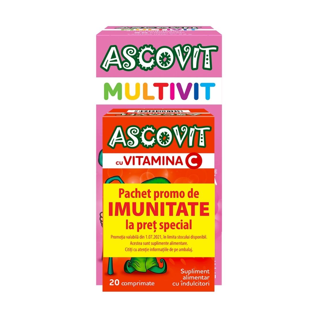 Pachet Multivit cu aroma de zmeura 60 capsule + Vitamina C cu aroma de capsuni 20 capsule, Ascovit
