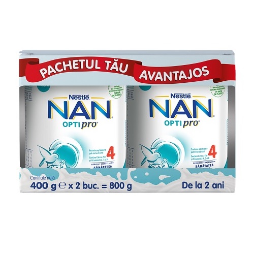 Pachet Formula de lapte Nan 4 Optipro, +2 ani, 2x400 g, Nestle