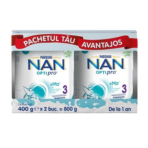 Pachet Formula de lapte Nan 3 Optipro HMO, +12 luni, 2x400 g, Nestle
