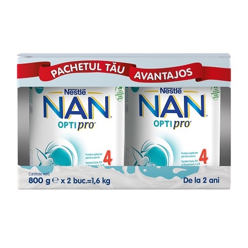 Pachet Formula de lapte Nan 4 Optipro, +2 ani, 2x800 g, Nestle