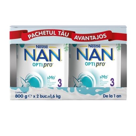 Pachet Formula de lapte Nan 3 Optipro HMO, +12 luni, 2x800 g