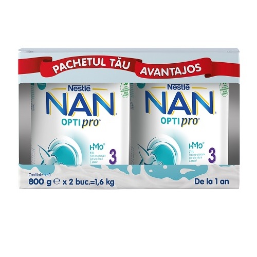Pachet Formula de lapte Nan 3 Optipro HMO, +12 luni, 2x800 g, Nestle